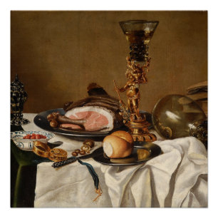 Stillleben mit Schinken, Büchern und Zierschiffen Poster