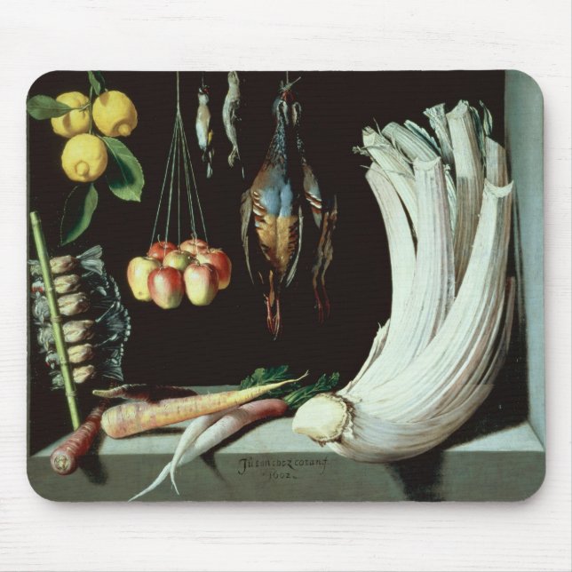 Stillleben mit toten Vögeln, Frucht und Mousepad (Vorne)