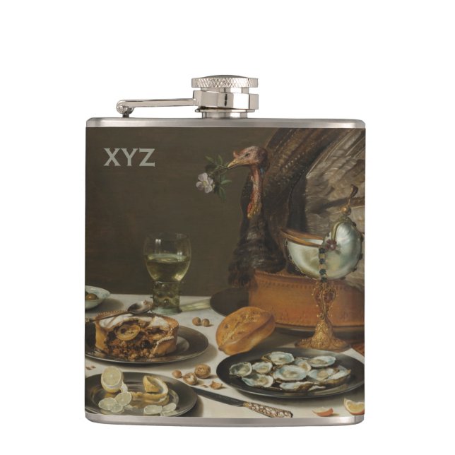 „Stillleben mit Truthahn-Pie“ individuelle Flasche Flachmann (Vorderseite)