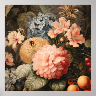 Stillleben mit Vintage-Blumen in roter und weißer  Poster