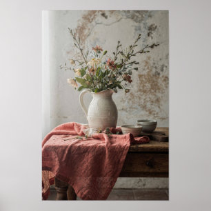 Stillleben mit Wildblumenkrug und korallenroter Le Poster