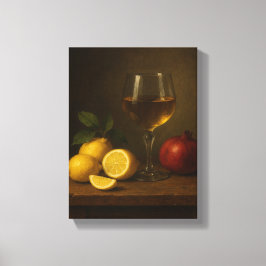 Stillleben mit Zitronen, Granatapfel und Weinglas Leinwanddruck