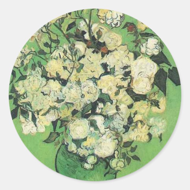 Stillleben - Rosa Rosen in Vase Vincent und Gogh, Runder Aufkleber (Vorderseite)