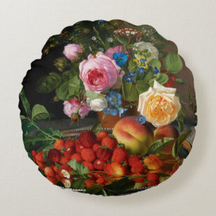 Stillleben Rosen und Erdbeeren von Otto Ottesen Rundes Kissen