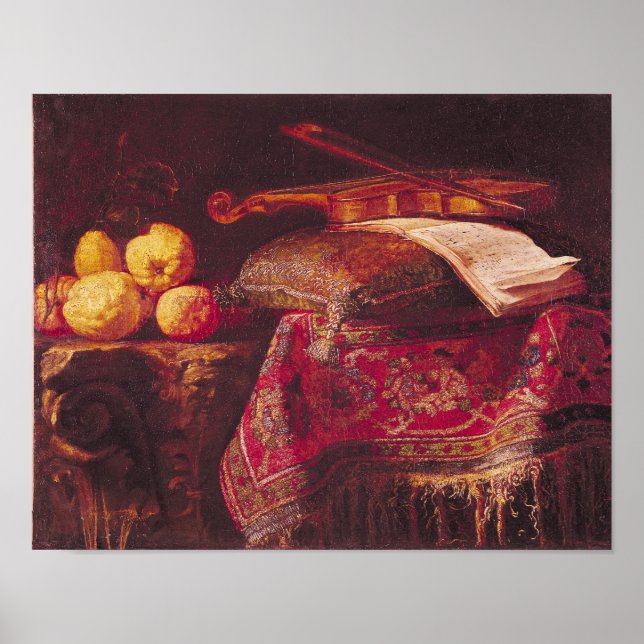 Stillleben von Früchten und Musikinstrumenten Poster (Vorne)