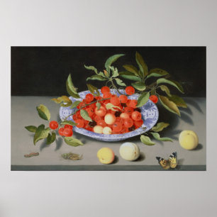 Stillleben von Kirschen und Pfirsichen Poster