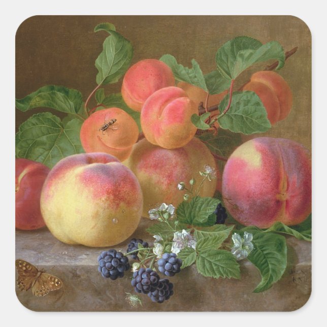 Stillleben von Pfirsichen Quadratischer Aufkleber (Vorderseite)