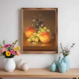 Stillleben, Weinglas, zwei Pfirsiche, Obst und Wei Poster
