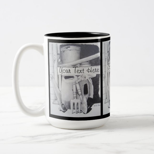 Stillleben zeichnend Gartengeräte für Gärtner Zweifarbige Tasse (Links)
