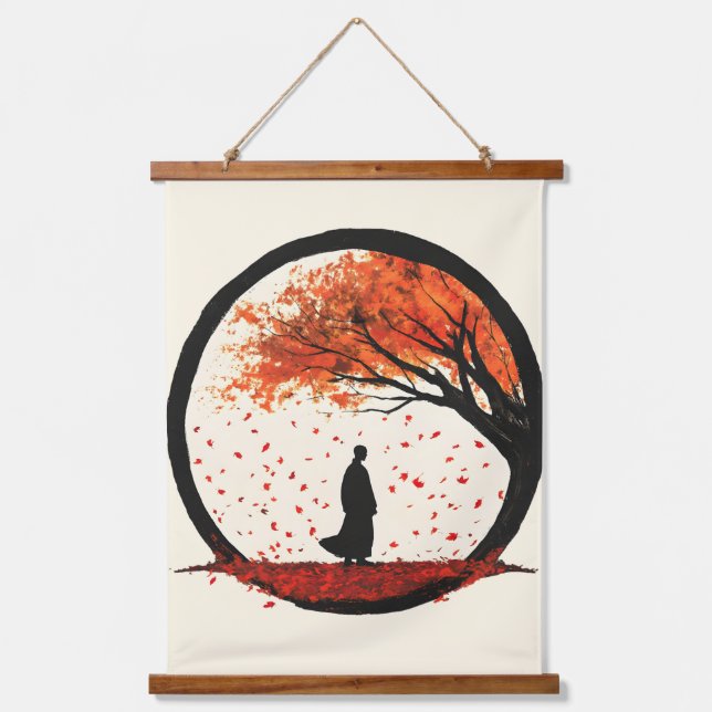 Stillness Zen Circle Herbst Fallende Blätter Wandteppich Mit Holzrahmen (Vorderseite)