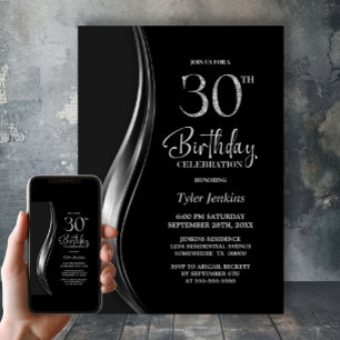 Stilsame schwarze und silberne 30. Geburtstagsfeie Einladung