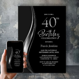 Stilsame schwarze und silberne 40. Geburtstagsfeie Einladung