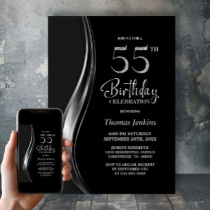 Stilsame schwarze und silberne 55. Geburtstagsfeie Einladung