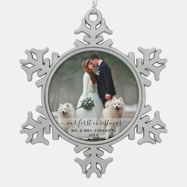 Stilschrift Unser Foto für Weihnachten Schneeflocken Zinn-Ornament (Vorderseite)