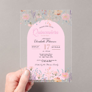 Stilsich rosa Wildblumen Ihr Foto Quinceañera Acryleinladungen
