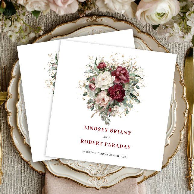 Stilsich rote Blumen Eukalyptus Gold Servietten (Stylish Deep Red Floral Eucalyptus Gold Napkins)
