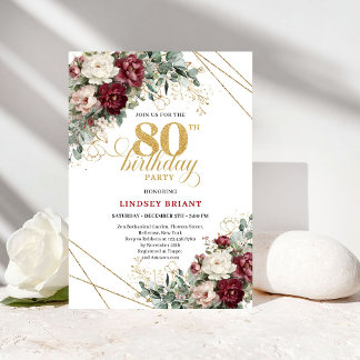 Stilsich tiefrote Blumen Eukalyptus Gold 80. Gebur Einladung