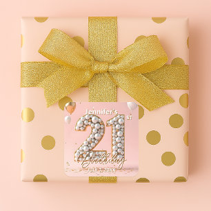 Stilsicher Rosa und Gold Perlglanz 21. Geburtstag Quadratischer Aufkleber