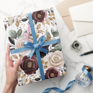 Stilsichere burgunderrote cremefarbene Floral-Brau Geschenkpapier