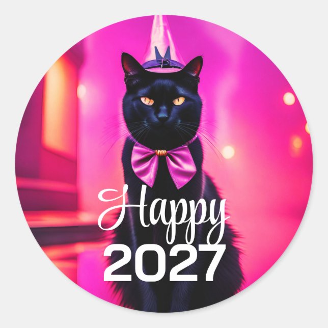 Stilsicherer schwarzer Kater  2027  Wünsche Runder Aufkleber (Vorderseite)