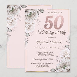 Stilsvolle rosa Blumenparty zum 50. Geburtstag Einladung