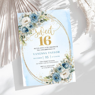 Stilsvolle staubblaue Blumen Goldene Sweet 16 Einl Einladung