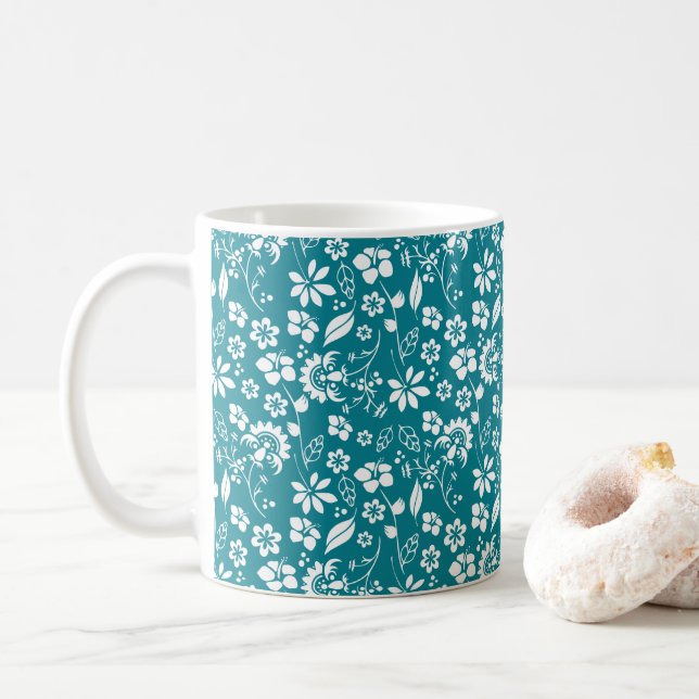 Stilvoll Aquamarines türkisfarbenes Blumenmuster Kaffeetasse (Mit Donut)