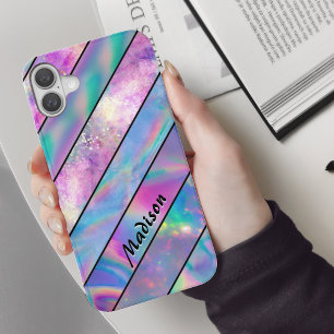 Stilvoll blau-pink gestreift, holografisch chic iPhone 16 hülle