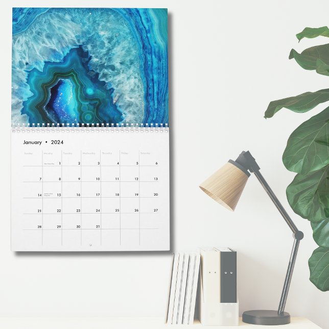 Stilvoll Blau Türkis Moderne Wand Kalender (Blue Turquoise Geode Stone Simple Modern Wall Calendar)