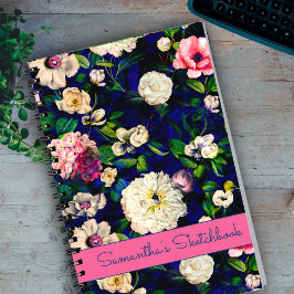 Stilvoll blorrosa Blume blaues Monogramm Muster Notizblock