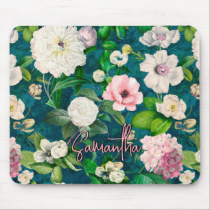 Stilvoll blorrosa Blume, grünes Monogramm-Muster Mousepad