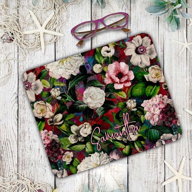 Stilvoll blorrosa Blume Rot-Monogramm-Muster Mousepad (Von Creator hochgeladen)