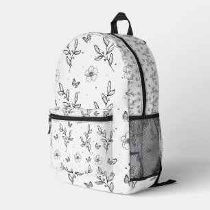 stilvoll, botanisch schwarz-weiß mit Blumen Bedruckter Rucksack