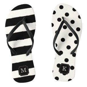 Stilvoll Chic Modern Black Dots & Stripes Monogram Flip Flops
