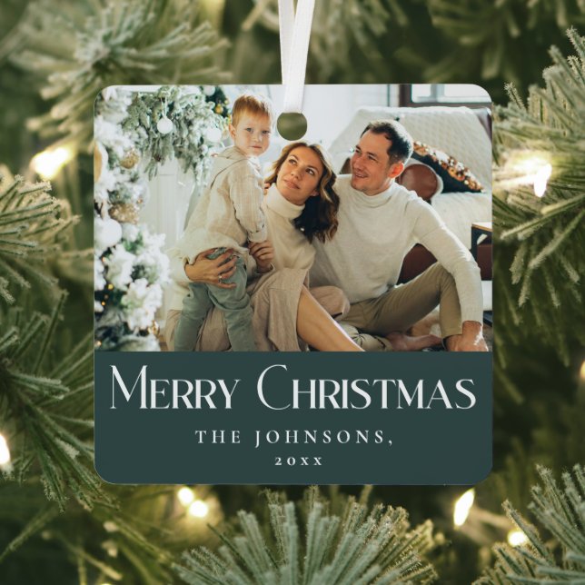 Stilvoll Elegant Merry Christmas Family Foto Green Ornament Aus Metall (InSitu)
