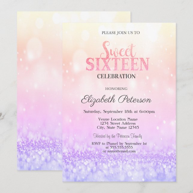Stilvoll Elegant Ombre Glitzer Bokeh Sweet 16 Einladung (Vorne/Hinten)
