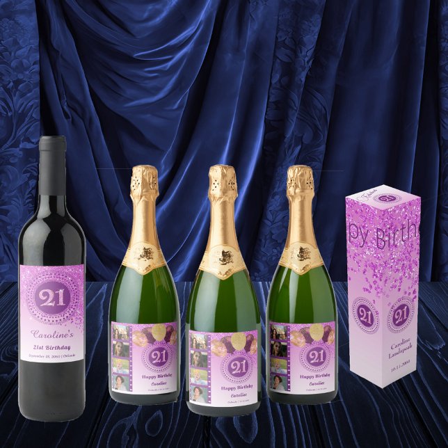 Stilvoll Falling Pink Glitzer 21. Geburtstag Weinetikett (Von Creator hochgeladen)
