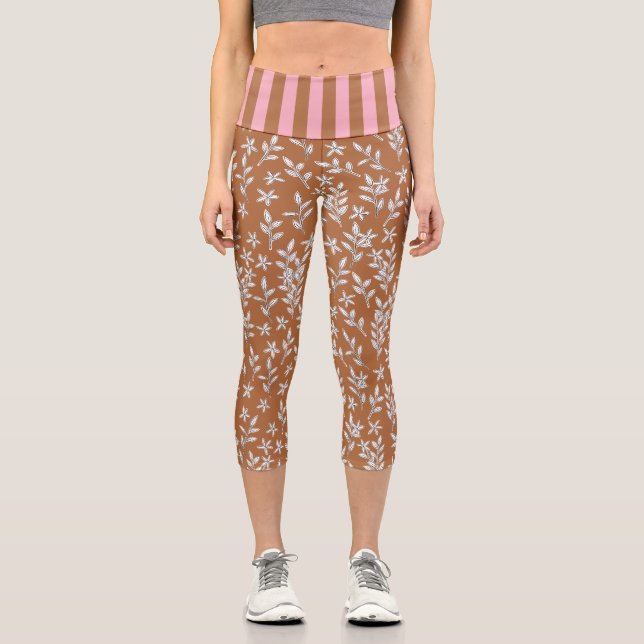 Stilvoll floral Brown & Pink High Waisted Capri Leggings (Vorderseite)