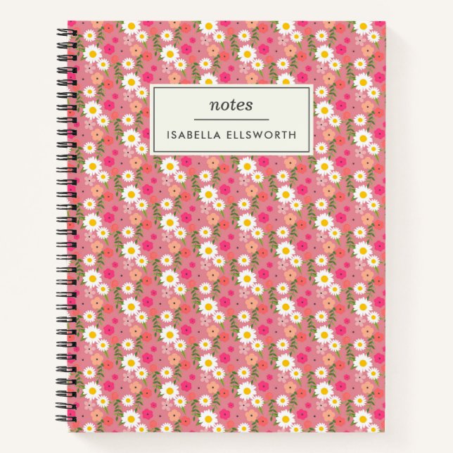 Stilvoll floral Daisy Muster Pink Personalisiert Notizbuch (Vorderseite)
