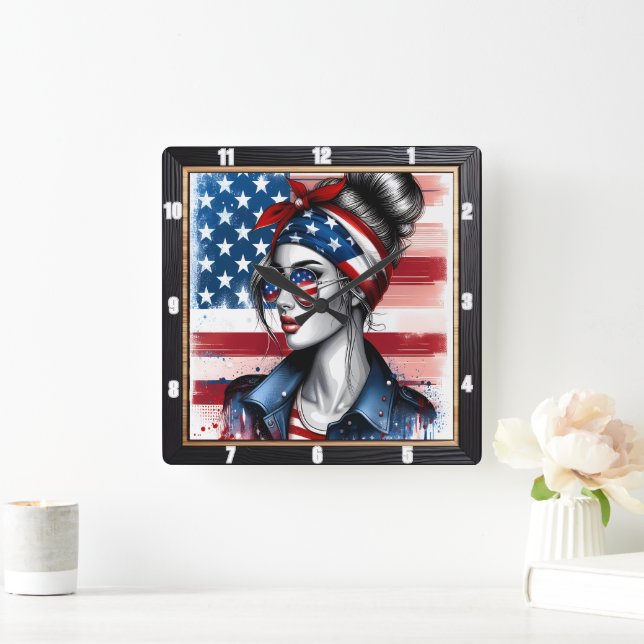 Stilvoll Frauen amerikanische Flagge Patriotic Quadratische Wanduhr (Zuhause)