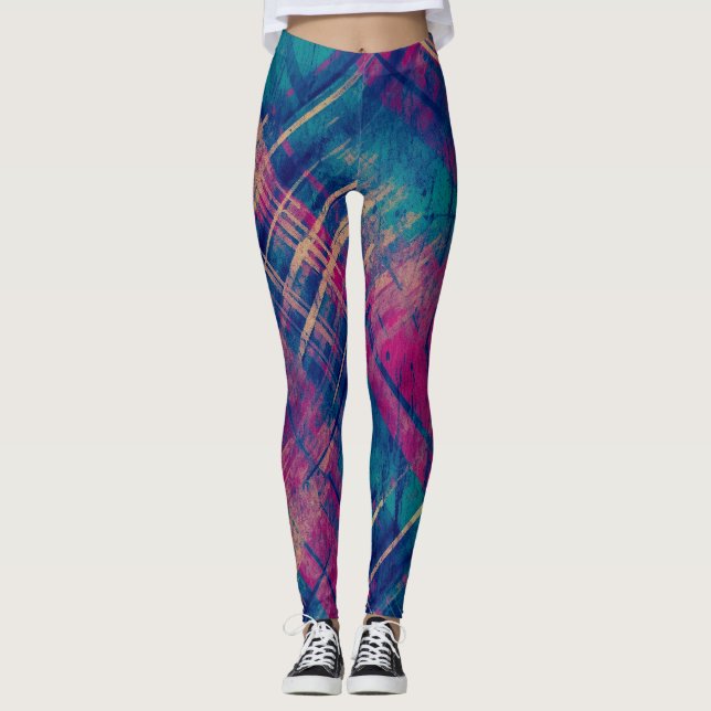 Stilvoll gestresster Karierter Karo Rosa Lila Blau Leggings (Vorderseite)