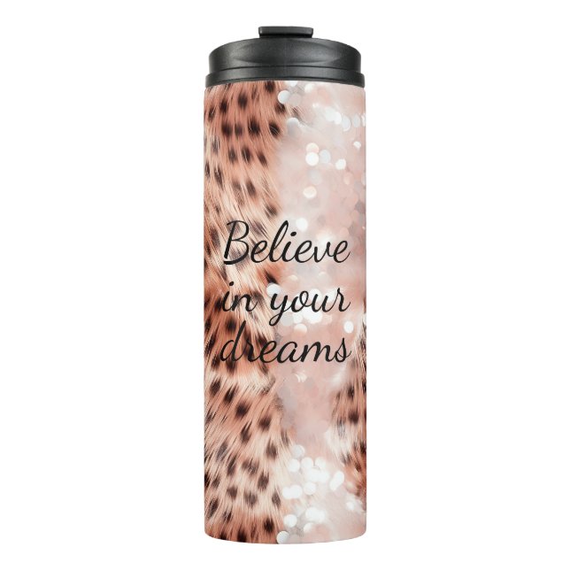 Stilvoll Girly Pink Rose Gold Leopard Glitz Thermosbecher (Vorderseite)