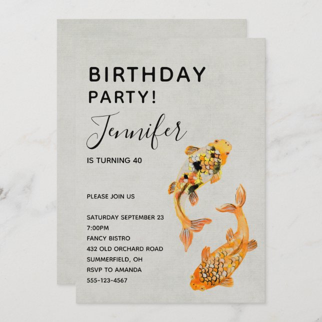 Stilvoll Gold Koi Fish Geburtstag Einladung (Vorne/Hinten)