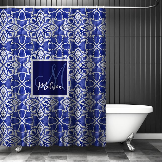 Stilvoll gürtelblau graue erste mit Monogramm Duschvorhang (Von Creator hochgeladen)