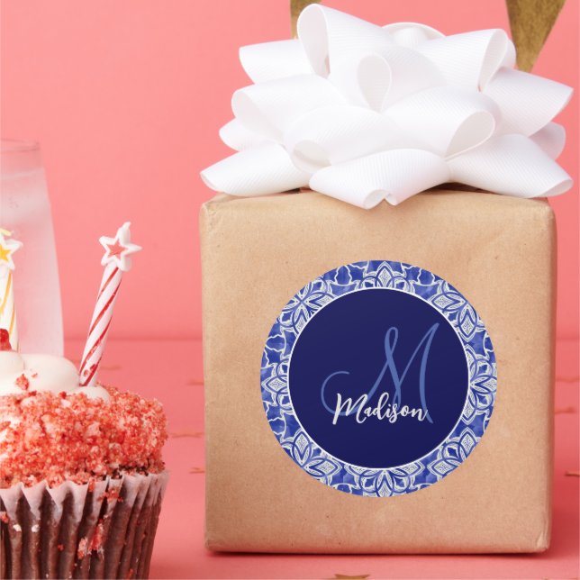 Stilvoll gürtelblau graue erste mit Monogramm Runder Aufkleber (Party)