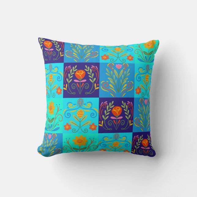 Stilvoll helldunkelblau grünes Blumenkissen Kissen (Vorderseite)