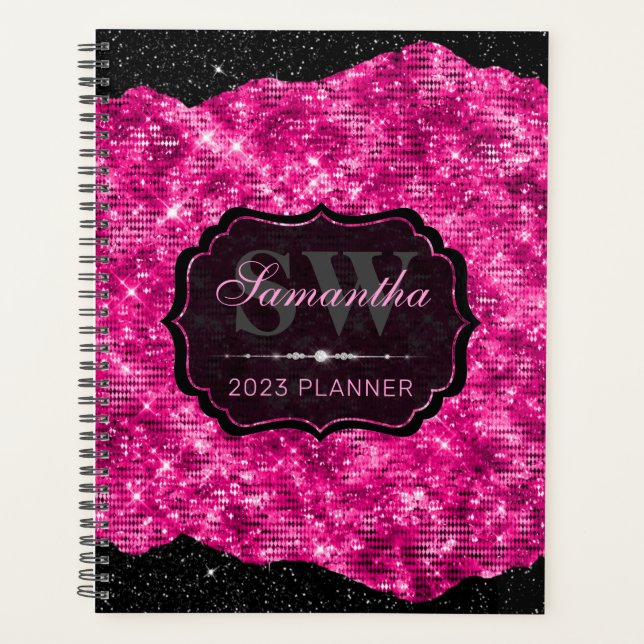 Stilvoll Hot Pink Glitzer und Black Edges Monogram Planer (Vorderseite)