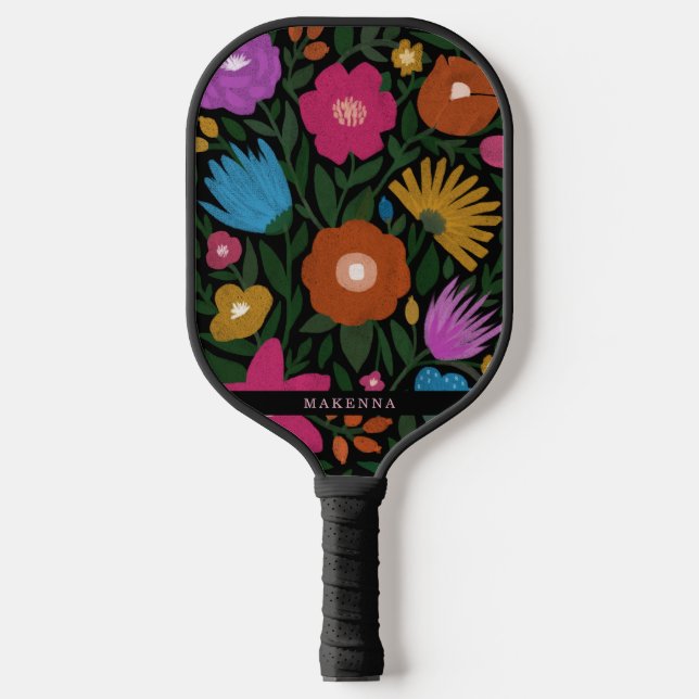 Stilvoll kühl floraler Name Black Pickleball Schläger (Vorderseite)