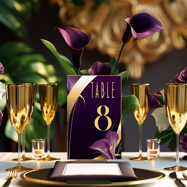 Stilvoll Lila und Gold Calla Lily Tischnummer (Sleek Purple Calla Lily and Gold Accent Wedding Table Number  )
