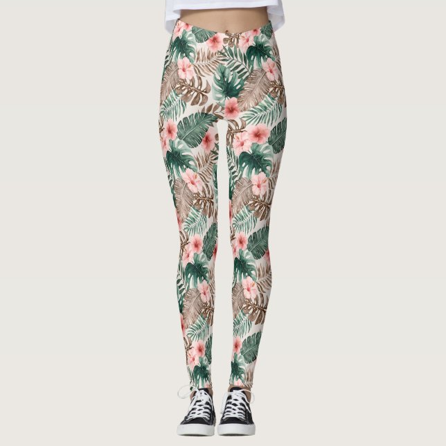 Stilvoll modern Boho Wasserfarbe Tropische Blüte Leggings (Vorderseite)